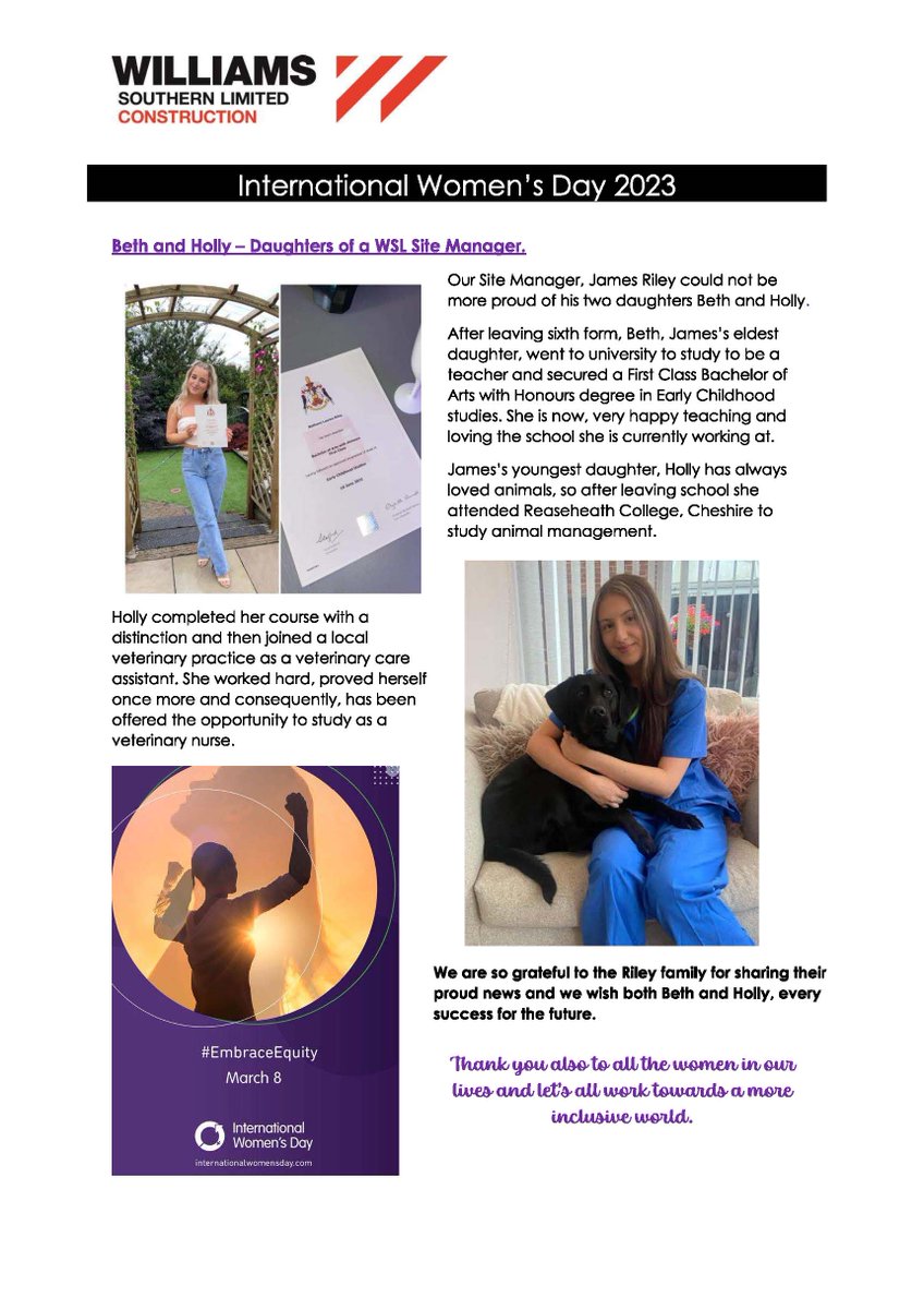 WSLConstruction's tweet photo. INTERNATIONAL WOMEN'S DAY 2023
We are proud to be supporting International Women’s Day and share with you a few heartfelt &amp; inspiring messages from colleagues &amp; their relatives #internationalwomensday2023 #inspirational https://t.co/d8QJWZJDNt