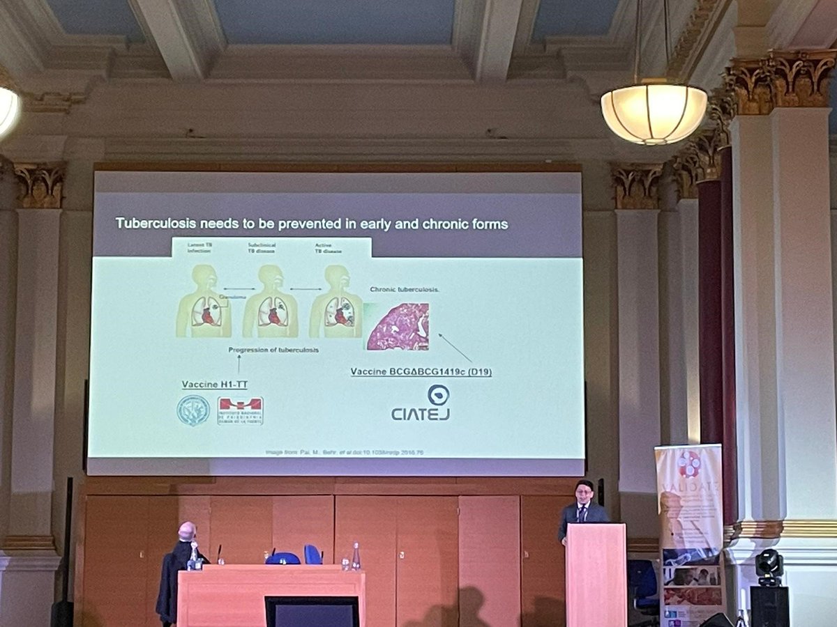 NetworkValidate's tweet photo. Speaking next is VALIDATE Fellow Dr Cristian Segura Cerda from CIATEJ on ‘Evaluation of the efficacy of BCGΔBCG1419c vaccination plus a booster of EsxG/EsxH-derived peptides to prevent #tuberculosis progression caused by Mtb strains prevalent in Latin America’ #VALIDATE2023 https://t.co/eUj1Mueisn