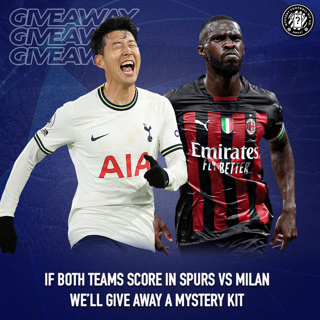 MysteryFootyco's tweet image. 🚨 GIVEAWAY 🚨

If BOTH TEAMS SCORE in Spurs vs Milan we’ll give away a mystery football kit box 👕 📦 

To enter-

Follow @mysteryfootyco 🚶🏻‍♂️

Retweet this tweet 🔁

Good Luck 🤞 

Winner announced tomorrow ⏰ 

This giveaway is also being run on our Instagram 📸