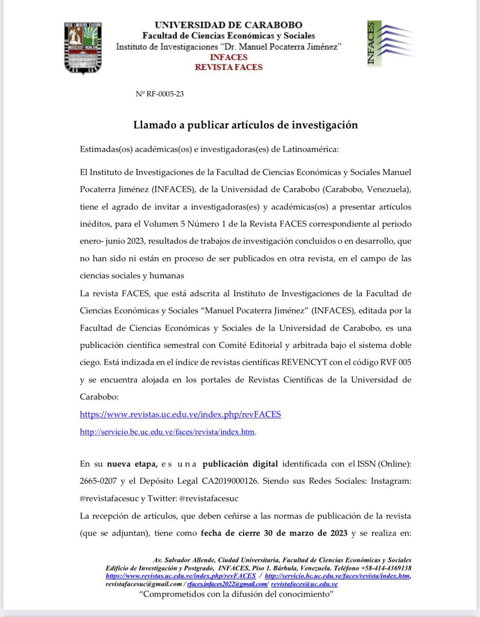 revistafacesuc's tweet photo. #8Marzo 
#RevistaFaces de la @facesuc1 @UCarabobo 
Reitera Convocatoria para la presentación de artículos científicos del volumen 5 número 1 enero junio 2023

Fecha tope de envío 30 de marzo de 2023

Instrucciones en
https://t.co/7TwxXBLD4K

#investigación #publicaciones https://t.co/xsctlG90Na