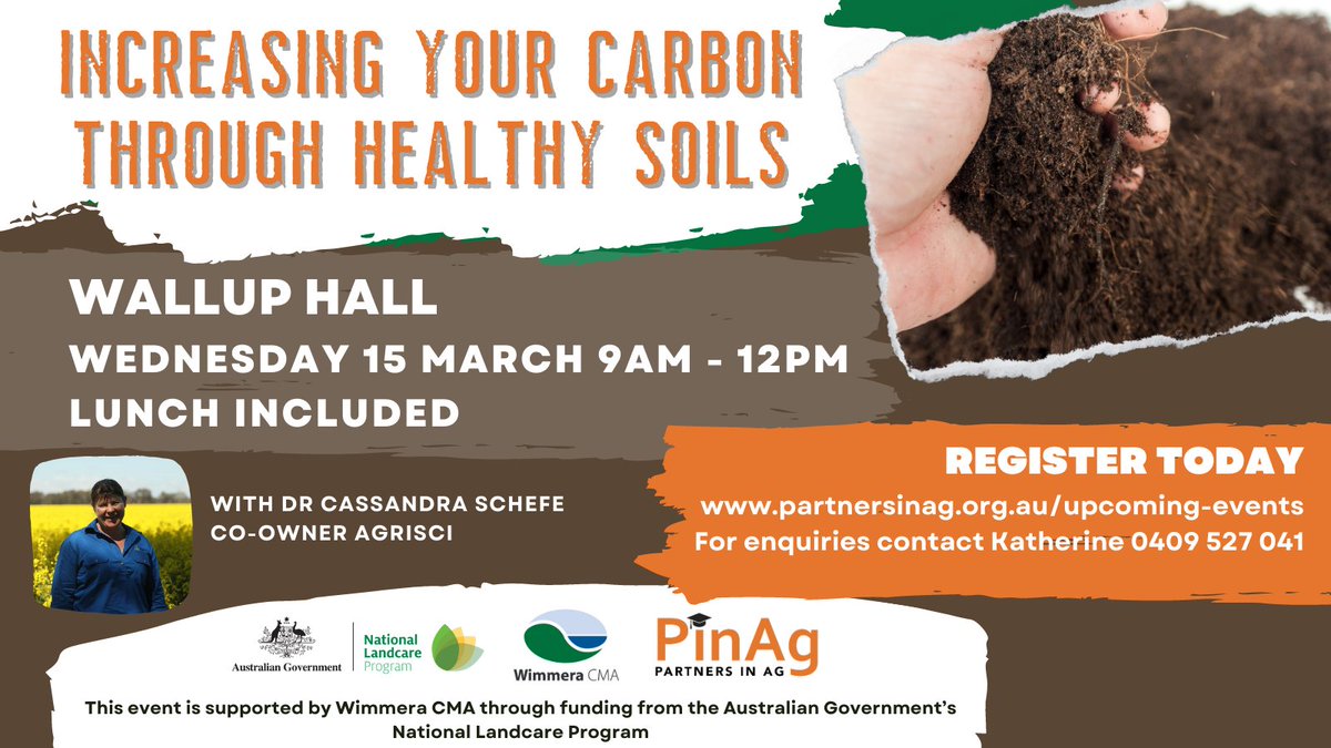 Join us at #Wallup to learn about increasing your carbon through healthy soils with @CassandraSchefe, co-owner @AgriSci_Au next week. 
Find out more: partnersinag.org.au/upcoming-event…

This event is supported by @wimmeracma and @AusLandcare.
#AusAg #SoilCarbon #Wimmera #HealthSoils