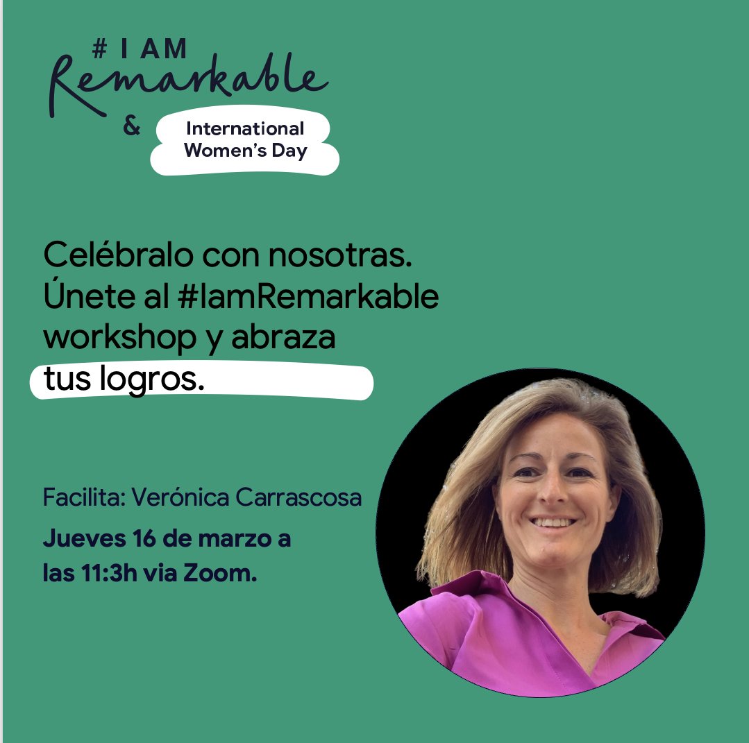 💜 Con motivo del día de la mujer, estoy encantada de facilitar el #IAmRemarkable workshop: Soy Extraordinaria💜
🗓 Jueves, 16 de marzo
🕦 A 11:30h
👩‍💻 Online en Zoom
🟪 Gratuito
📝Inscripciones:
bit.ly/IamRemarkableW…
¡¡Feliz Día de la Mujer!!
#IamRemarkable #díadelamujer