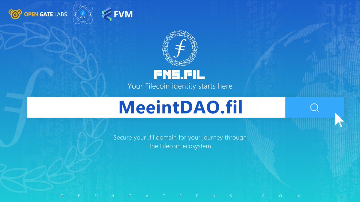 OpenGate X Meeint DAO
The first domain names of #Filecoin is coming!
       GET YOUR #FNS NOW!

🎁3 X Customized Domain(xxxx.fil)
 🪪  15 X OG ROLE
To enter:
1⃣ Follow 
<a href="/OpenGateNFT/">Jaloliddin Matsaidov</a> 
<a href="/meeintdao/">Meeint DAO</a>
2⃣ ❤️+ RT 
3⃣Join DC 
discord.gg/Mjj5mVdpFY