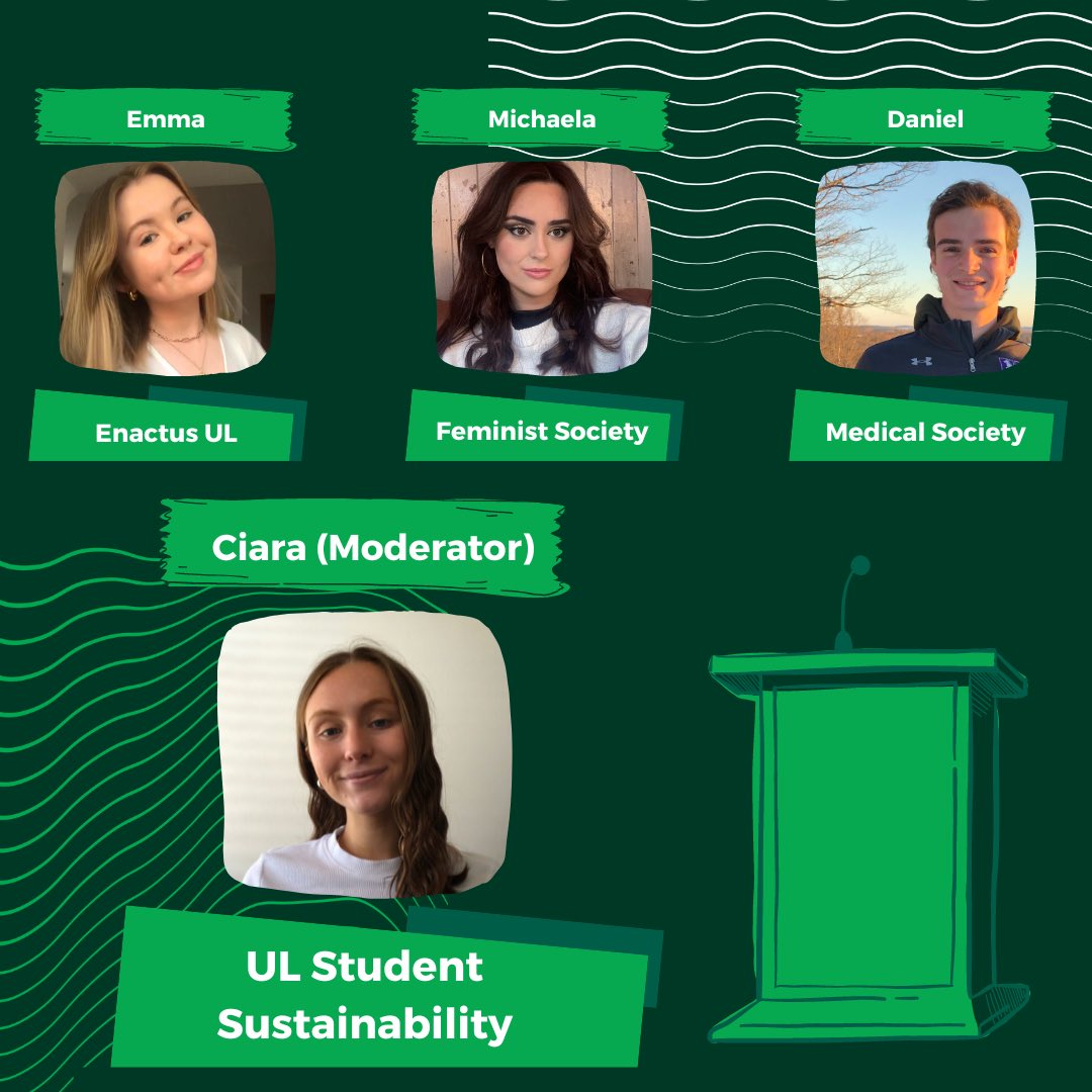 EVENT ALERT 🚨

This Thursday, we are hosting our second panel discussion with UL societies around 'Student Perspectives on Sustainability' as part of Green Campus week here @universityoflimerick 🎙️♻️

📍Where: Moot courtroom of the 
@ullibrary 
⏰ When: Thursday, March 9 at 6pm