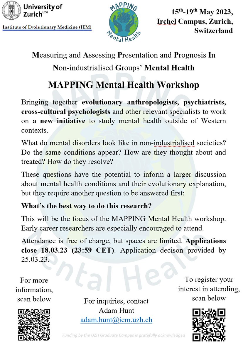 Interested in studying mental health in non-industrialised populations? Anthropologist, psychiatrist or cross-cultural psychologist? Join our MAPPING Mental Health workshop! May 15-19, in person in Zurich and online! See flyer and info sheet: docs.google.com/document/d/1Pp…