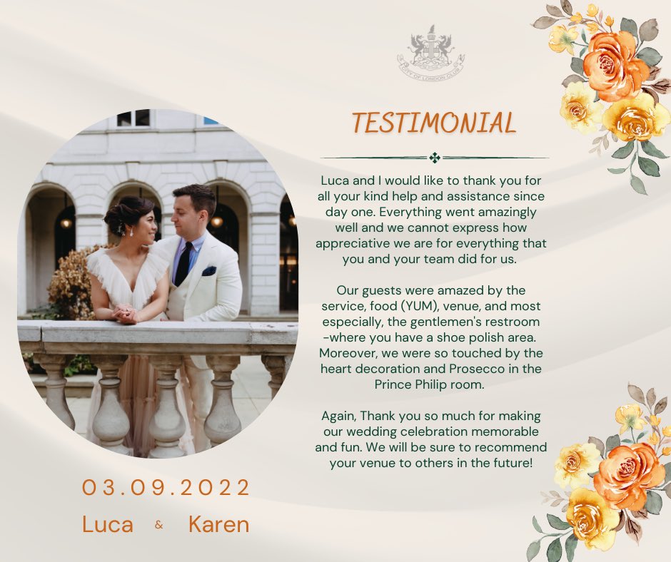 We are delighted to be able to help couples to have an unforgettable day. Thank you for the kind words ✨ #weddingcelebration #makememories #lovelycouple #weddingtestimonials #weddingwednesday #cityoflondon #weddingvenue #exclusiveuseweddingvenue #weddingthankyou