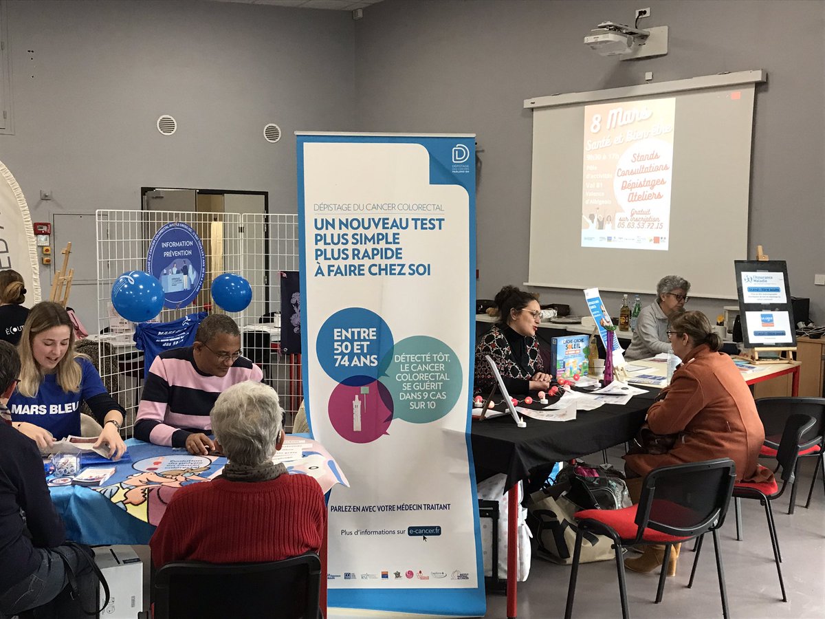 Pour #MarsBleu et la Journée internationale des #droits des #femmes, stand de dépistage colorectal avec @CRCDCoccitanie, dépistage vue et audition avec @EcouterVoir et stand de prévention @LigueCancerTarn, @FamillesRurales et prévention de la peau @MutOccitanie  @VYV3_TerresdOc