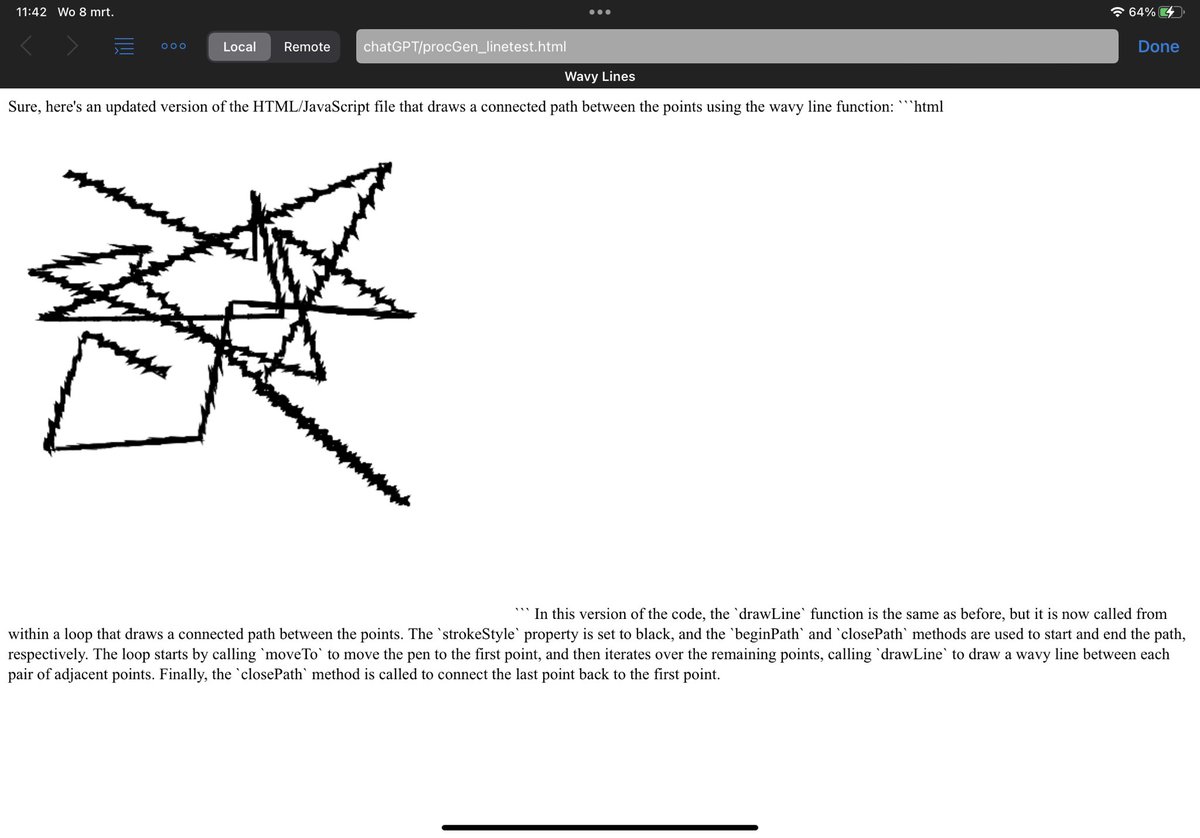 RudyvanEtten's tweet image. Bit of time learning how to get #ChatGPT to create procedurally generated images and video game maps. I&apos;m trying to figure out how to get it to draw tunnels using a custom line function. Here a wavy line function it made. #procgen #randomgeneration #code #roguelike