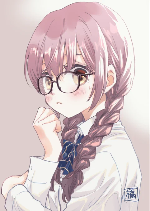 昨日描いた三つ編み女子塗り塗り眼鏡有りと眼鏡無し#イラスト 