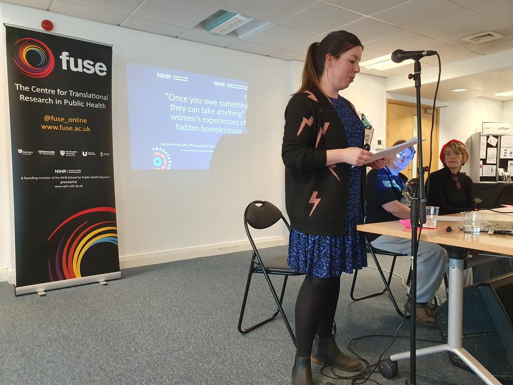 fuse_online's tweet photo. Joanne McGrath, doctoral student @NorthumbriaUni @NIHRSPHR @NIHR_ARC_NENC presenting her research on women's experiences of hidden homelessness and the importance of social networks to understanding this. https://t.co/tk1MRt8Xkz
