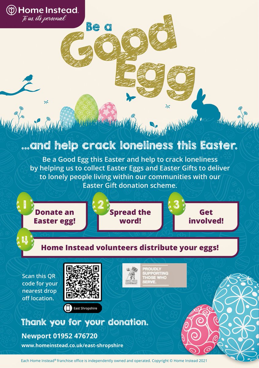 HomeInsteadTF's tweet photo. The Be a good Egg Campaign is in full swing! Could you help give an older lonely isolated person or Veteran a cracking Easter, by donating an Easter Egg into one of the many drop of points? Scan the QR code to find a drop off point or call Siobhan on 07903 175997 who can collect https://t.co/q3qo59lZHc