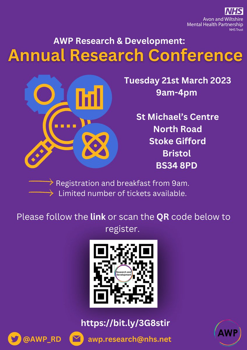 📢Two weeks to go until our annual research conference!

📅Tuesday 21st March 2023 @ 9-4pm

Our theme this year is 'Moving Research forward together'.

Spaces are limited so please register your place via 
Eventbrite: bit.ly/3G8stir

#mentalhealth #research #awpnhs