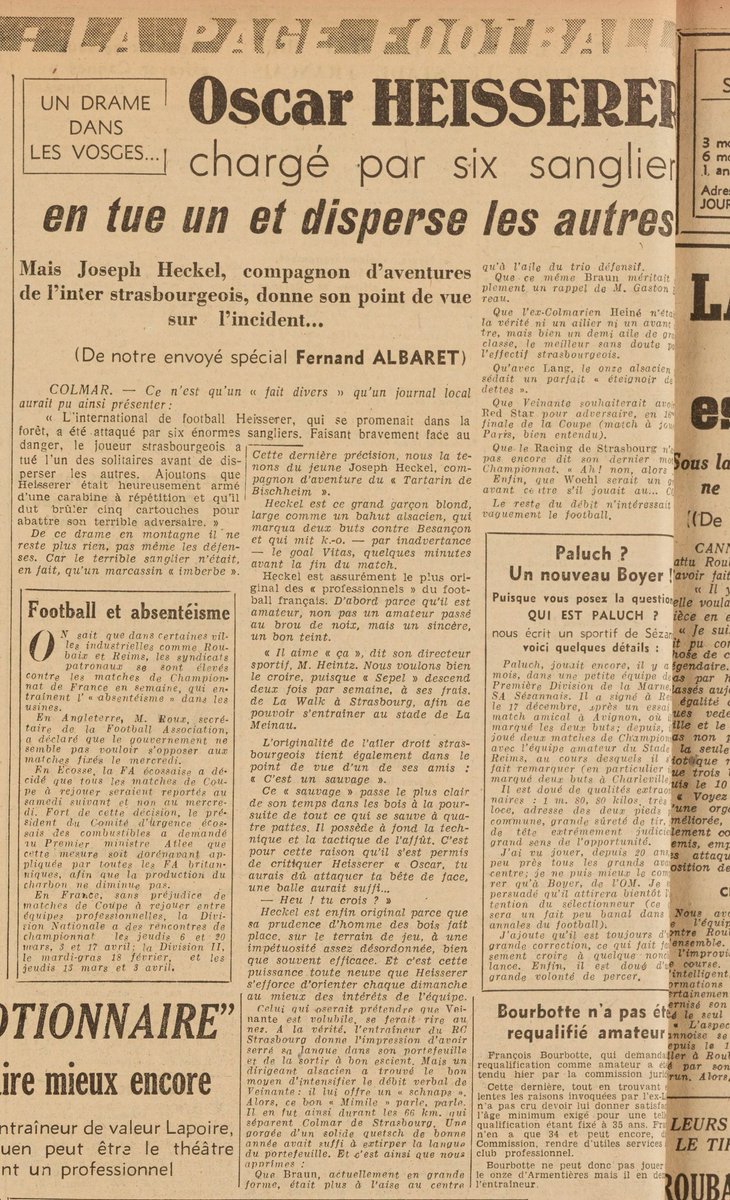 1RacingDatabase's tweet photo. 🗞️ Cette archive exceptionnelle du journal @lequipe du 8 janvier 1947, où l'on parle des parties de chasse de 2 légendes du @RCSA : Joseph Heckel et Oscar Heisserer.

#LiveRCS | #RacingDataback https://t.co/8WuKg891W4