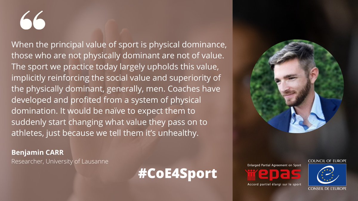 "When the principal value of sport is physical dominance, those who are not physically dominant are not of value" –

Benjamin Carr, Researcher at <a href="/ISSULausanne/">ISSUL </a>, on identifying and combating gender-based violence in sport

#CoE4Sport #IWD2023