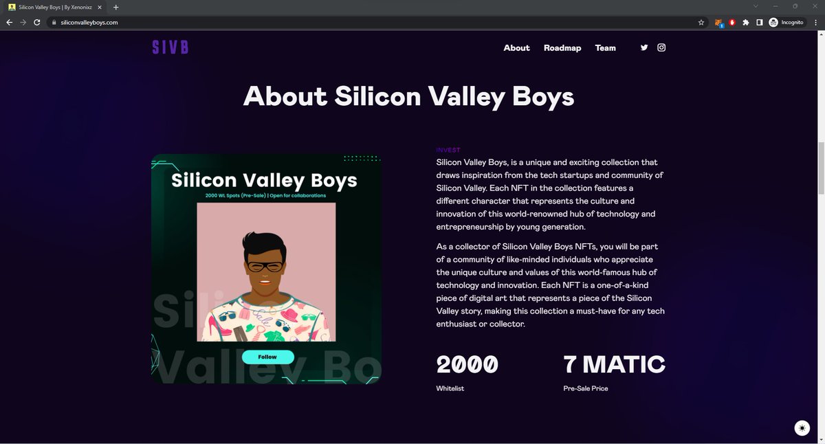 Check out our official website: siliconvalleyboys.com

More content will be added in the future, and we will update the whitelist on the website as well.

#SiliconVBoys #nft #nftart #nfts #art #crypto #nftartist #digitalart #nftcommunity #nftcollector #cryptoart #Ethereum