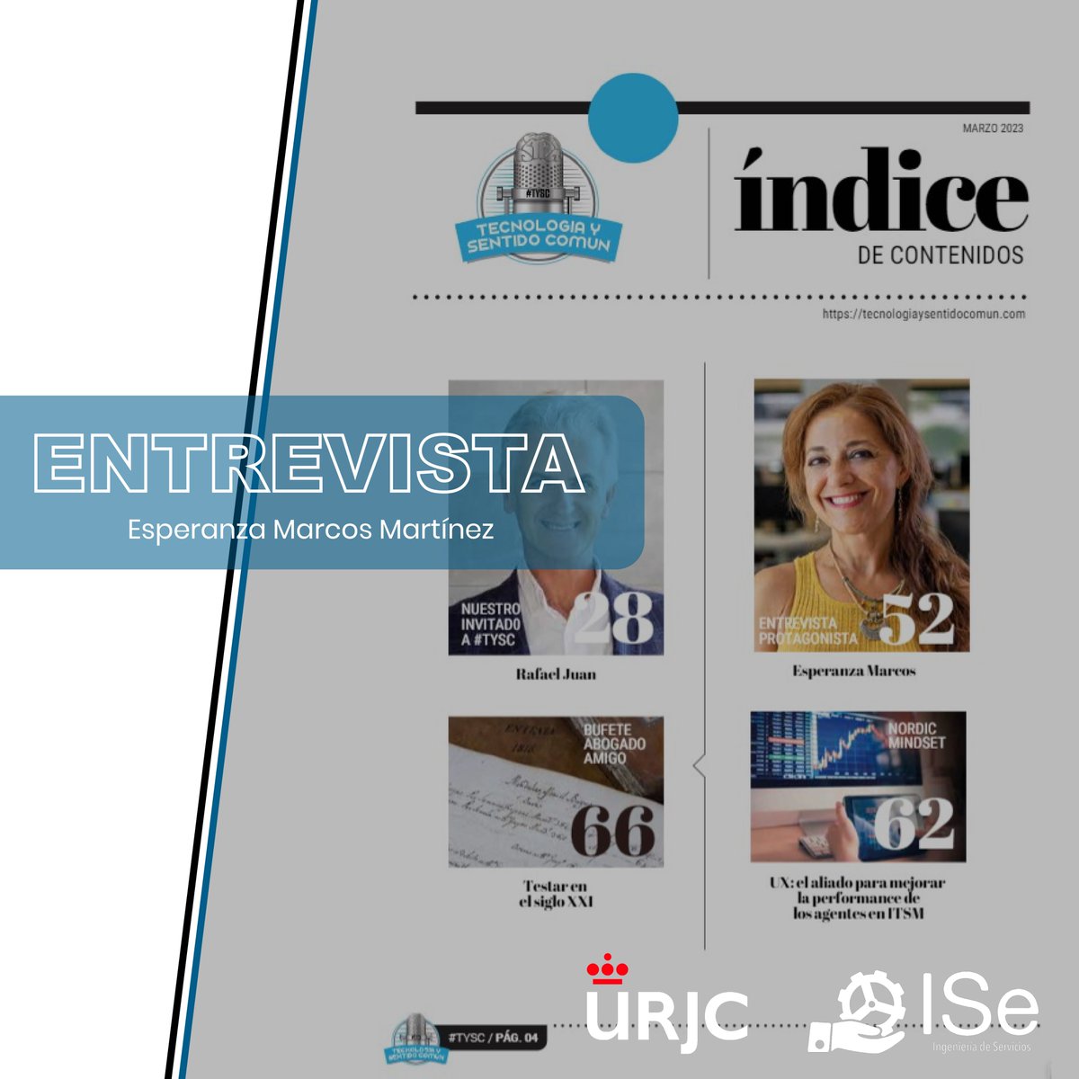 ISE_URJC's tweet photo. Hoy, #diadelamujer, queremos homenajear a las mujeres trabajadoras que concilian vida personal/trabajo, compartiendo la entrevista en @tysentidocomun de: @EMarcosMtnez, Catedrática y profesora del grado #ingenieríadeservicios @URJC y Presidenta Consejo Académico del @itsmfes #8m https://t.co/7XlXeKhrfp