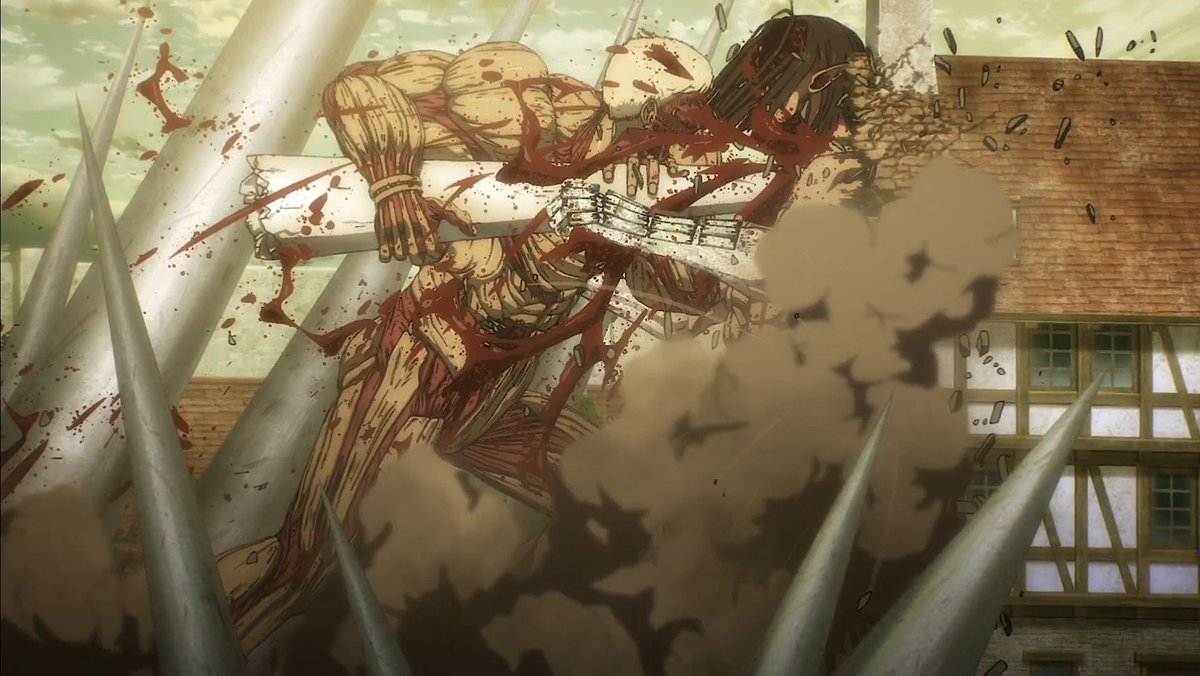 SoldierReiner's tweet photo. Reiner empalando a Eren dando muerte al demonio de la tierra, convirtiéndose en el héroe de la humanidad y haciendo un paralelismo con Helos. El final que merecíamos. https://t.co/yAWkM4R9ri