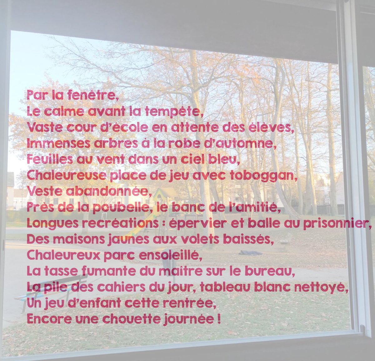 Notre liponyme sans verbe pour le chef d’œuvre <a href="/tw_oulipo/">Twoulipo à l'école</a> !
#twoulipo #parlafenetre #EQ33