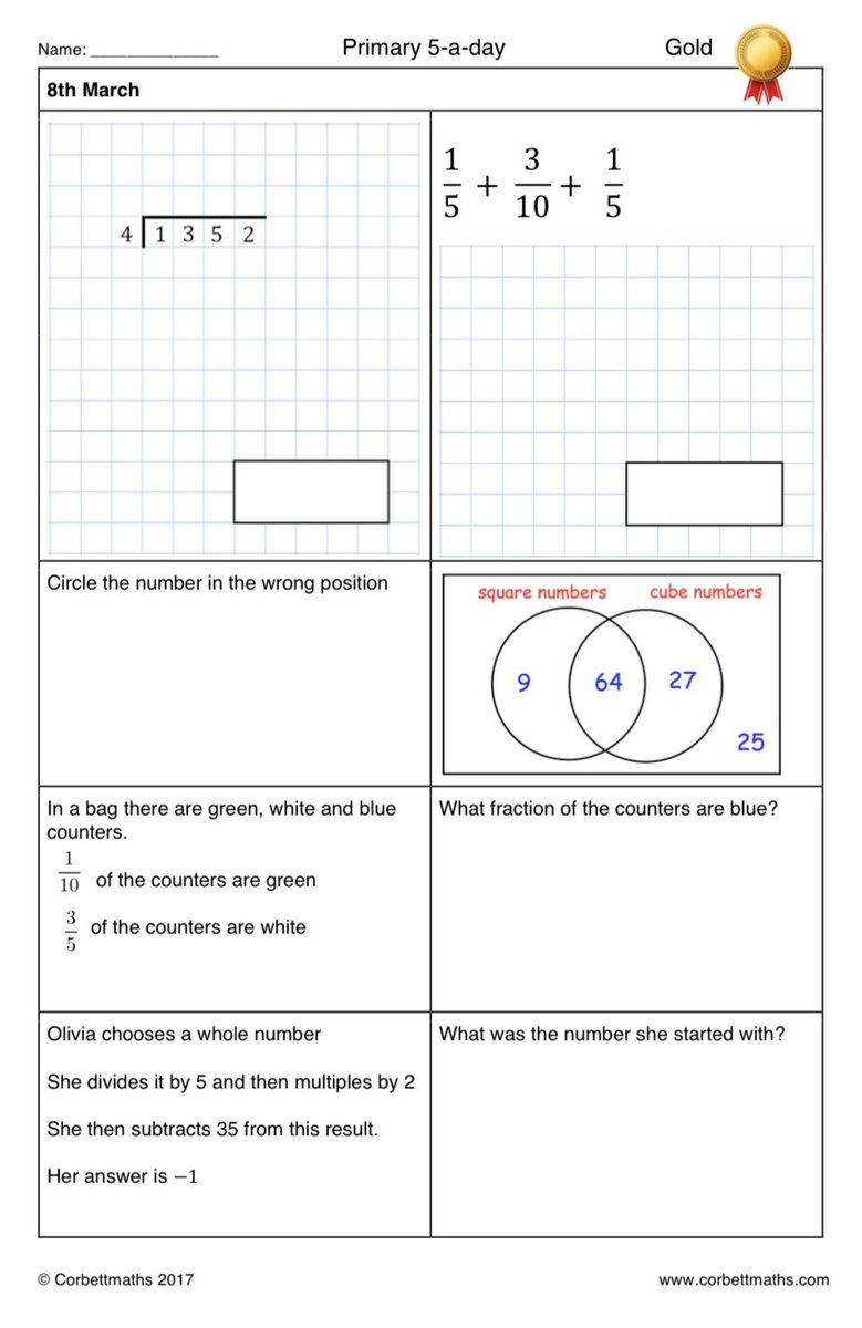 Corbettmaths on Twitter: "Primary 5-a-day with 4 levels of difficulty: bronze, silver, gold and ...