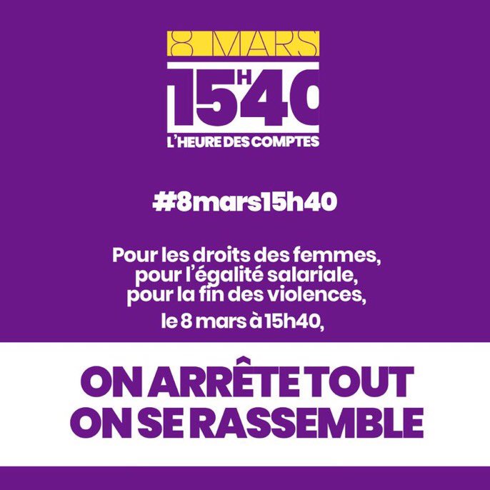 "Faites grève !" Pour lutter contre les inégalités salariales, les femmes sont incitées à cesser toute activité pro (ou à organiser une mobilisation sur leur lieu de boulot) ce mercredi 8 mars à 15h40, heure à laquelle elles travaillent gratuitement chaque jour... #8mars15h40