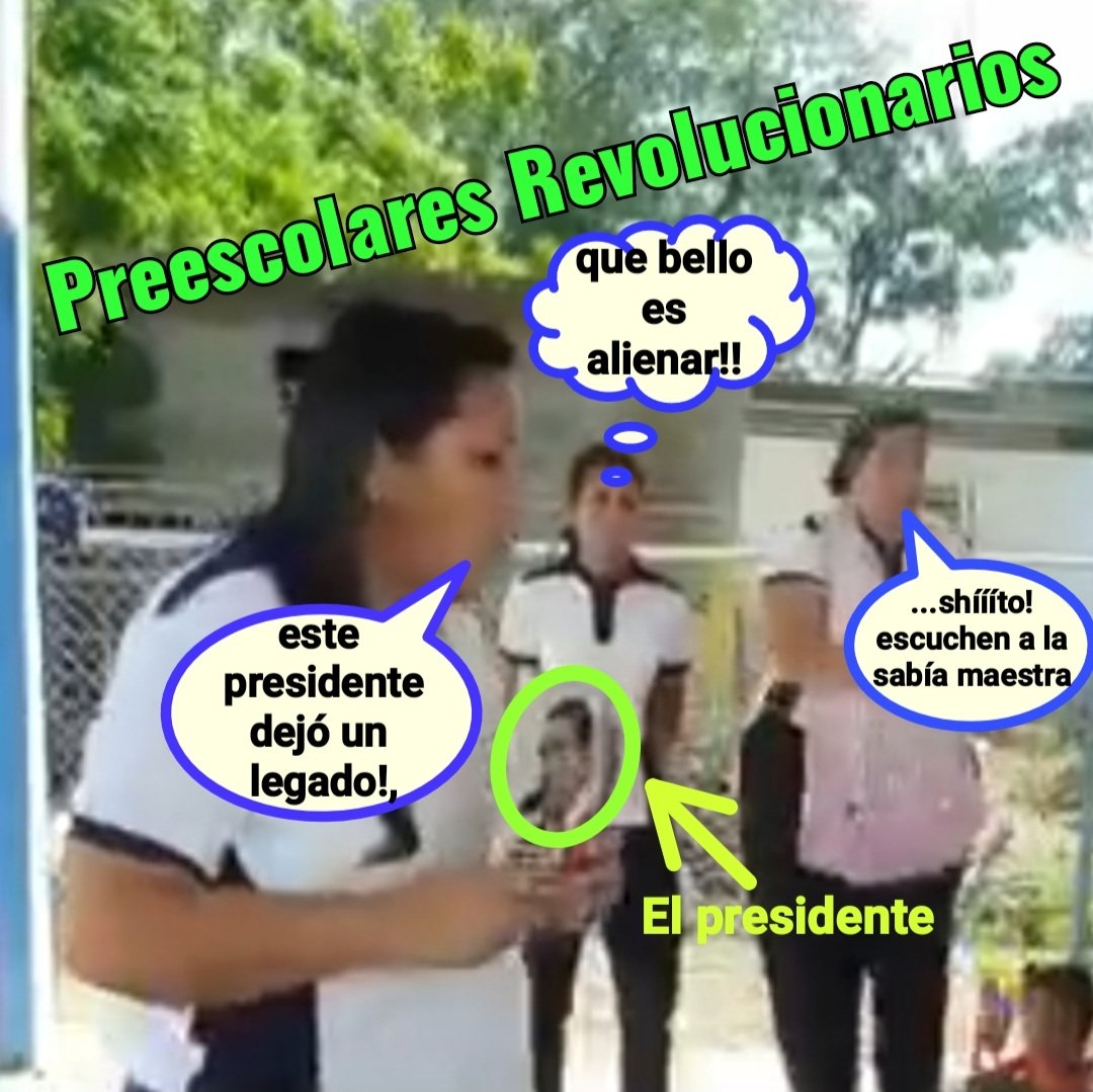 ¡QUE BELLA LA EDUCACIÓN PREESCOLAR REVOLUCIONARIA!

Unas "maestras" se graban ORGULLOSAS dándole una cháchara revolucionaría a unos niños 👦 de escasos 4 ó 5años!
Lo más insólito es q, les hablan primero de un presidente paladín y maravilloso q de Simón Bolívar!
...DE LOCOS 😬 😱
