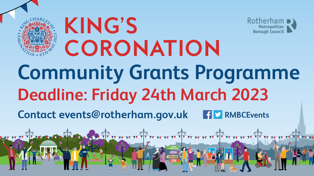 RMBCEvents (@rmbcevents) on Twitter photo On the 6th May we will celebrate the coronation of His Majesty the King & Her Majesty the Queen Consort.
Rotherham Council has 25 grants of up to £500 available to support community event organisers mark the occasion.
For full details, please email: events@rotherham.gov.uk On the 6th May we will celebrate the coronation of His Majesty the King & Her Majesty the Queen Consort.
Rotherham Council has 25 grants of up to £500 available to support community event organisers mark the occasion.
For full details, please email: events@rotherham.gov.uk