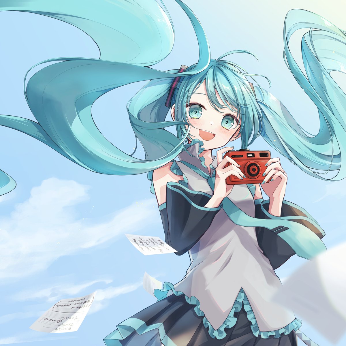 hatsune miku 1girl solo long hair necktie skirt twintails camera  illustration images