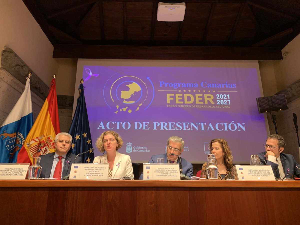 Paula_A_Duarte's tweet photo. Director Monika Hencsey launching Canarias programme under #European Regional Development programme 2021-27 in Las Palmas with Vice President Rodriguez: 1.3 billion euro for putting people first, green and digital transition, addressing the constraints of this #outermost region https://t.co/lrzDE43rgJ