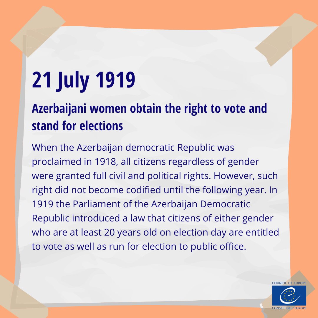 #EqualityCalendar

2⃣1⃣ July 1⃣9⃣1⃣9⃣: The Parliament of the Azerbaijan Democratic Republic introduced a law that citizens of either gender who are at least 20 years old on election day are entitled to vote as well as run for election to public office.

coe.int/en/web/gendere…