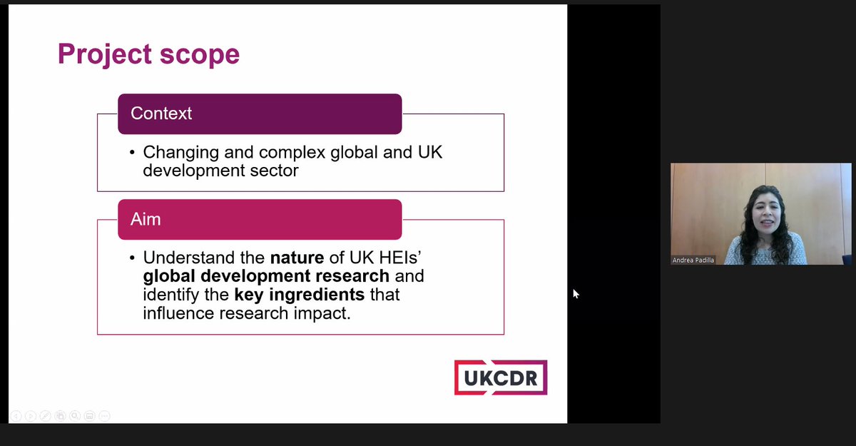UKCDR's tweet photo. 🔎 Andrea Padilla presents emerging insights from @UKCDR’s analysis of the 2021 Research Excellence Framework (REF) Impact Case Studies, exploring the real-life impact of 891 projects focusing on global development research
#REF21 #Research4Dev https://t.co/9ClM8XOUFV