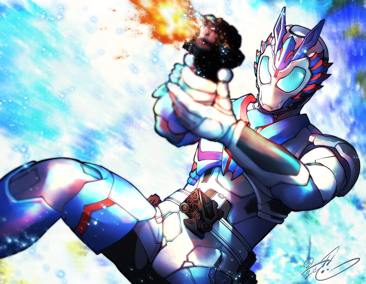 1boy male focus weapon tokusatsu gun blue eyes armor  illustration images