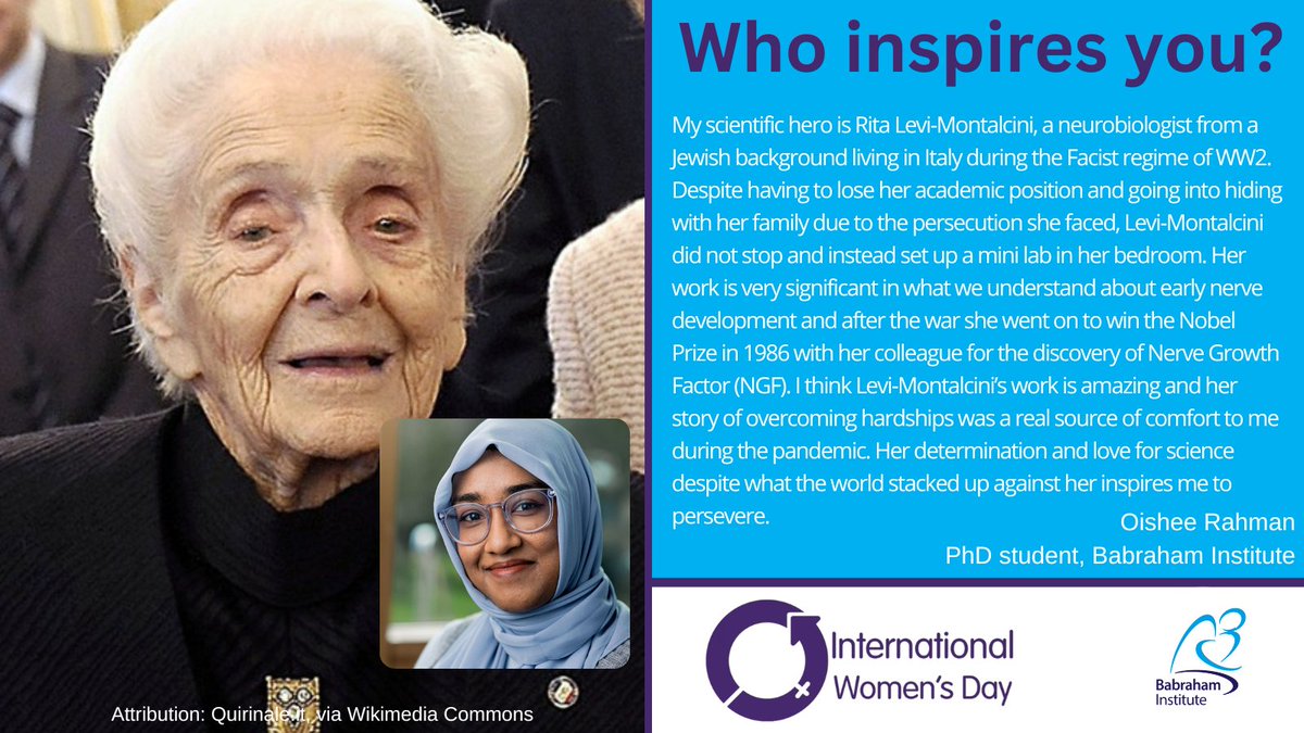 Continuing our #IWD2023 highlights, PhD student Oishee from <a href="/Sharpe_Lab/">Hayley Sharpe</a> shares her respect for Rita Levi-Montalcini who escaped persecution to pursue a research career and shared the <a href="/NobelPrize/">The Nobel Prize</a> in 1986.
<a href="/Oishee_R/">Oishee_Rahman</a>