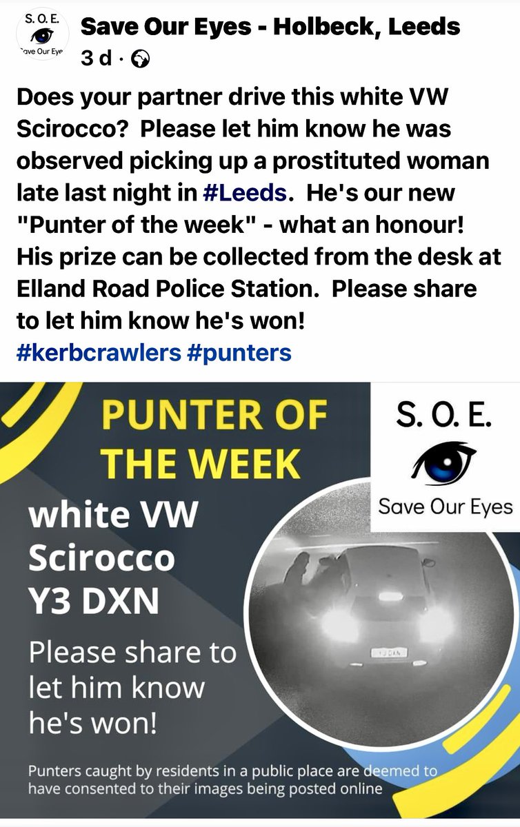 Belstaffie's tweet photo. #PunterOfTheWeek #Holbeck #Prostituted #Prostitution The majority of these excuses for men are married/partnered. His details have been passed to the police. He can either collect his prize from the police station, or they could bring it to your home! @SaveOurEyes @FemNorthern https://t.co/tcqMFB5zzd
