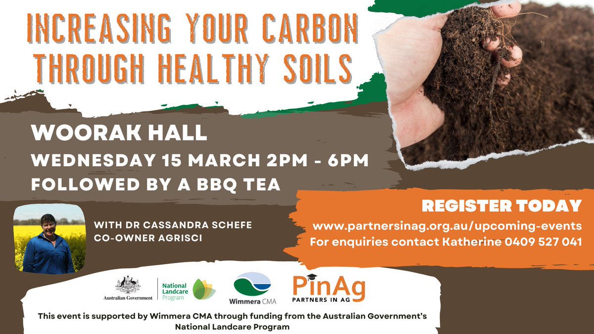 #Woorak - Healthy Soils Workshop
We're very excited to be hosting @CassandraSchefe from @AgriSci_Aus for our Healthy Soils Workshop next week. 
Register today: partnersinag.org.au/upcoming-event…
This event is supported by @wimmeracma and @AusLandcare.  #AusAg #SoilCarbon #HealthySoils