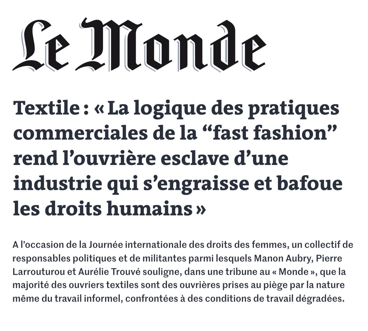 larrouturou's tweet image. Près de 80% des ouvriers textiles sont des ouvrières: exploitées &amp;amp; ignorées, elles sont souvent dans l’obligation d’accepter des conditions de travail indécentes.

Oui, l&apos;🇪🇺 peut et doit obliger les marques à améliorer leurs vies! #8mars #DevoirDeVigilance lemonde.fr/idees/article/…