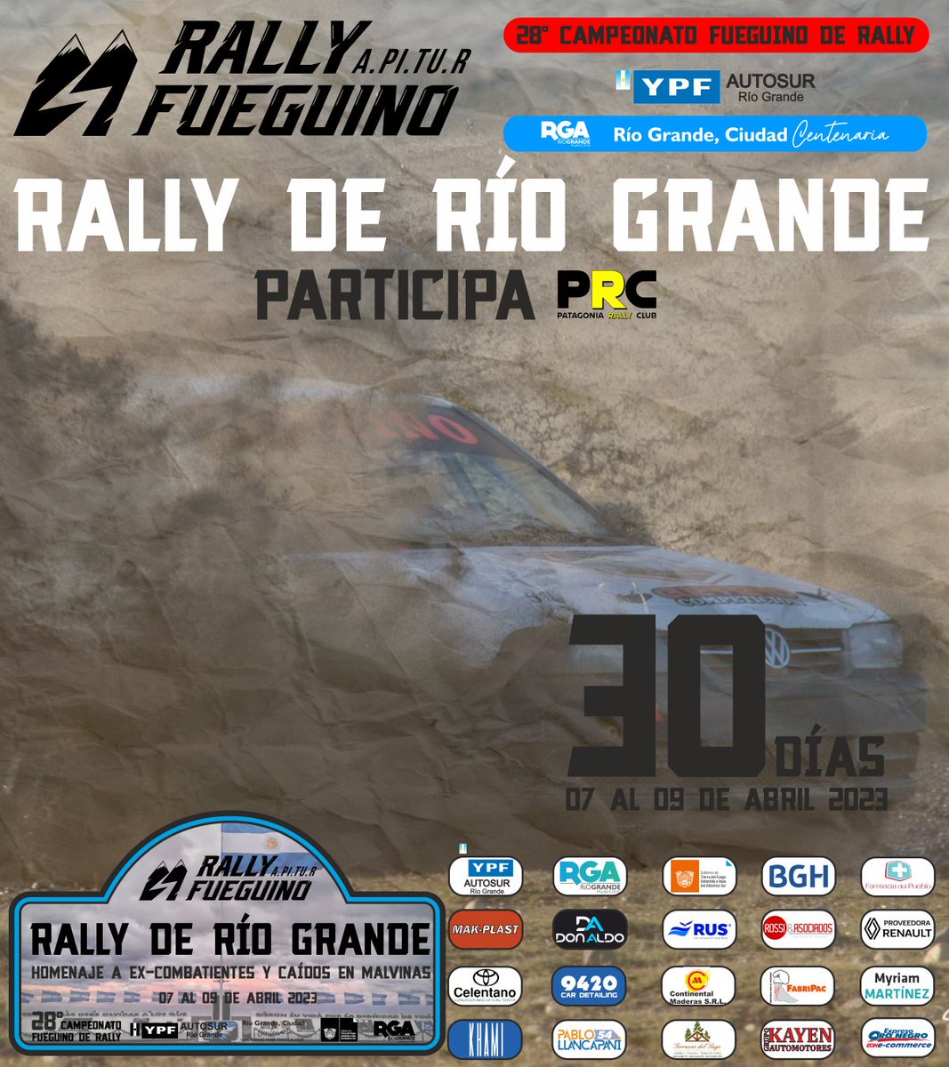 ApiturRallyTDF's tweet photo. 🔜FALTAN 3️⃣0️⃣DÍAS!
●
1️⃣° Fecha 2️⃣0️⃣2️⃣3️⃣
0️⃣7️⃣~0️⃣9️⃣ de Abril
Rally de Río Grande 🎣🏭🌊🌬
2️⃣8️⃣° YPF Autosur Rio Grande SA Municipio de Río Grande
Campeonato Fueguino de Rally
Participa PRC Patagonia Rally Club https://t.co/dOMsn4PZb4