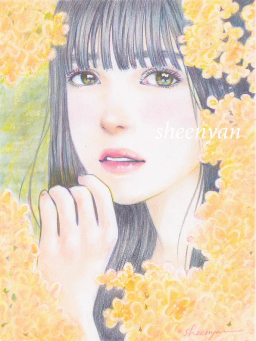 #web展示会_花巡り展素敵な企画ありがとうございます、過去作品で参加させていただきます※花がメインじゃなくてすみません花と女性をモチーフにした作品を描くのが好きですシアン、マゼンタ、イエローの3色で描いています#色鉛筆画 #3色 #お花モチーフ #イラス卜 #オリジナル 