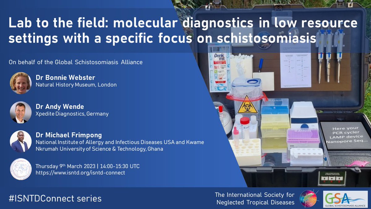 📢Tomorrow! Please join our next #ISNTDConnect on #diagnostics to #BeatSchisto with @elimin8schisto Dr Bonnie Webster @schistoresearch @NHM_London, Dr Andy Wende @XpediteDx & Dr Michael Frimpong @Mfrimpong @NIAIDNews @KNUSTGH
👉Mar 9, 14:00 UTC
👉isntd.org/isntd-connect
#beatNTDs