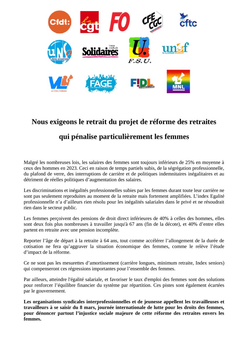 SyndicatCFTC's tweet photo. #JourneeDesDroitsDesFemmes 
Les #salaires  des femmes ♀ sont toujours inférieurs à 25 % en moyenne à ceux des hommes en 2023. Ces #inégalités sont amplifiées
au moment de la #retraite. La CFTC dit « ça suffit » ! Nous disons « non » aux inégalités de carrière et de retraites ! #64ansCestNon

Retrouvez le tract intersyndical à télécharger juste ici 👉: https://t.co/s7EFgrLZvN