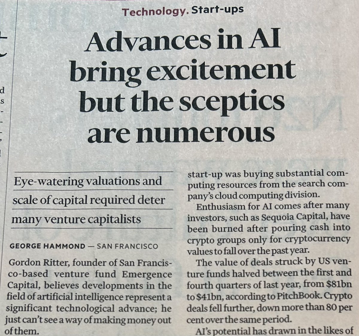 In today’s <a href="/FT/">Financial Times</a> - note of caution from VC’s on #AI fever - “If ChatGPT is the iPhone, we’re seeing a lot of calculator apps. We’re looking for Uber”