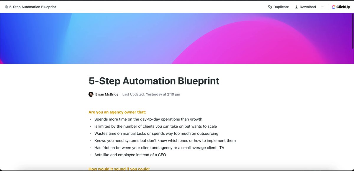 ewanmcbride06's tweet image. I have put together a full guide on automating your agency.
This shows you how to remove you from:
> Service delivery
> Client aquistion
> Client experience
> Team management
> Reporting
This will save you 20+ hours per week.
RT + Comment "Automate" and i'll send it to you.