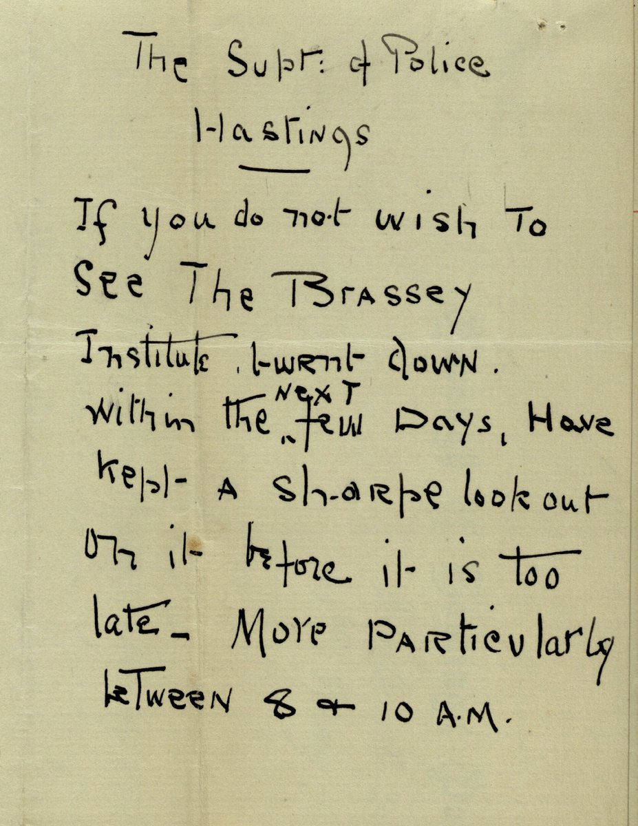 TheKeepArchives's tweet photo. Threat or warning? Sent May 1913 to Hasting’s Police Supt at the height of local suffragette action. The house of an MP was burnt down a month earlier. The Institute (now Hastings Library) was never set alight, but May 1913 saw attacks on suffrage meetings #internationalwomensday https://t.co/T8L4eOIMjl