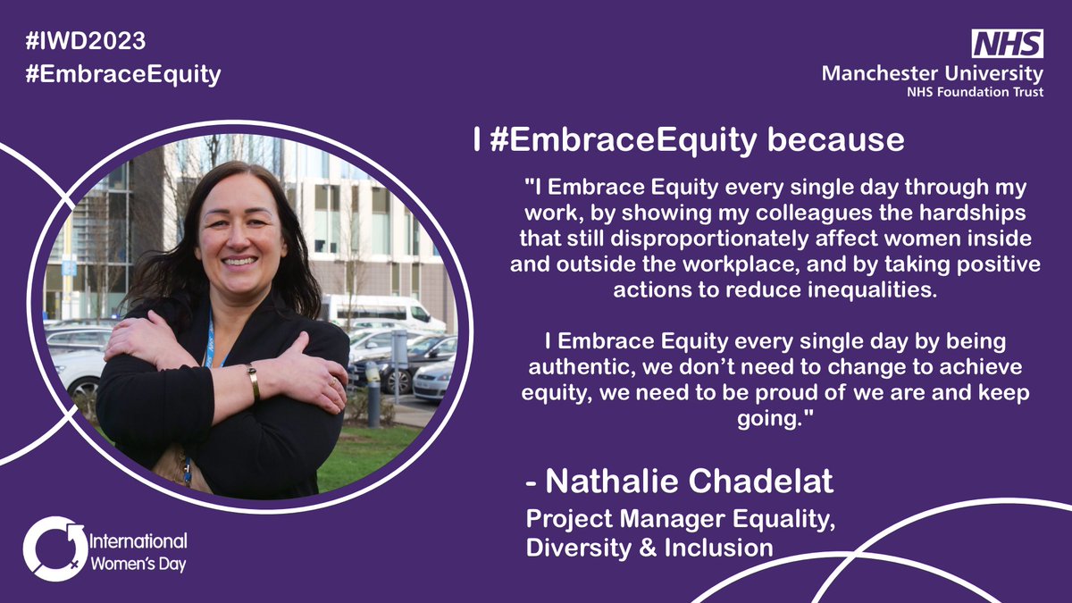 'I #EmbraceEquity every single day by being authentic.' 💜 Nathalie a Project Manager at @MFT_EDI shares how she embraces equity through her work to reduce inequalities. We'll be hearing more from Nathalie tomorrow as she talks about her role in promoting EDI at MFT. #IWD2023