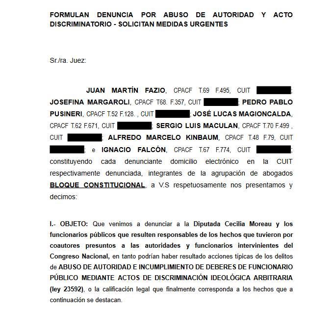 BloqueConst's tweet photo. Integrantes de la Agrupación de Abogados BLOQUE CONSTITUCIONAL denunciaron a la diputada Cecilia Moreau y solicitaron medidas urgentes de reparación del manifiesto acto de discriminación y censura, considerándose perjudicados en su libertad de buscar y recibir información. https://t.co/ktWaNYWr8U