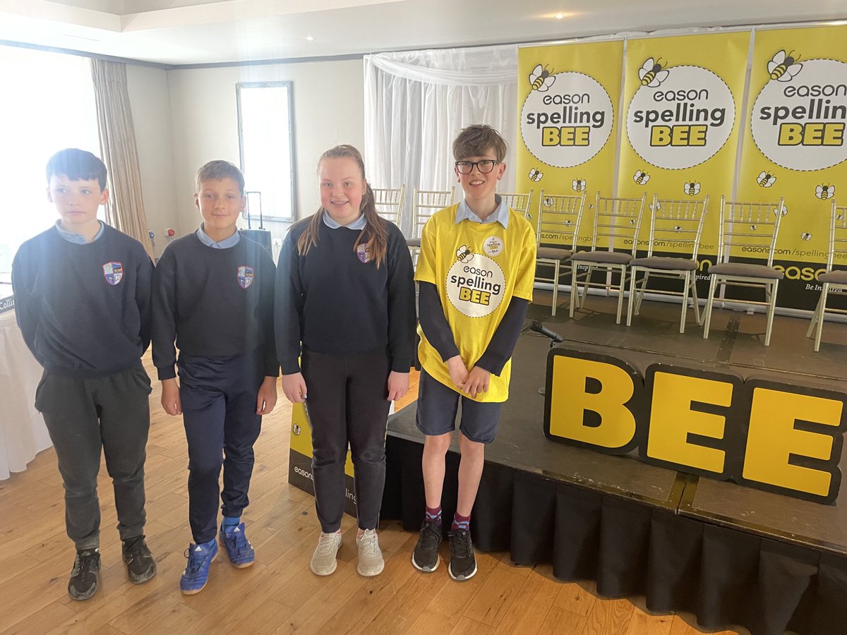 BrigidNs's tweet photo. Best of luck to Ryan this morning as he competes in the Carlow county final ⁦@easons⁩ Spelling Bee 🐝, supported by his fellow students Leah, Tymek &amp; Dara 🎉🐝 https://t.co/Nh1MyhJcSm