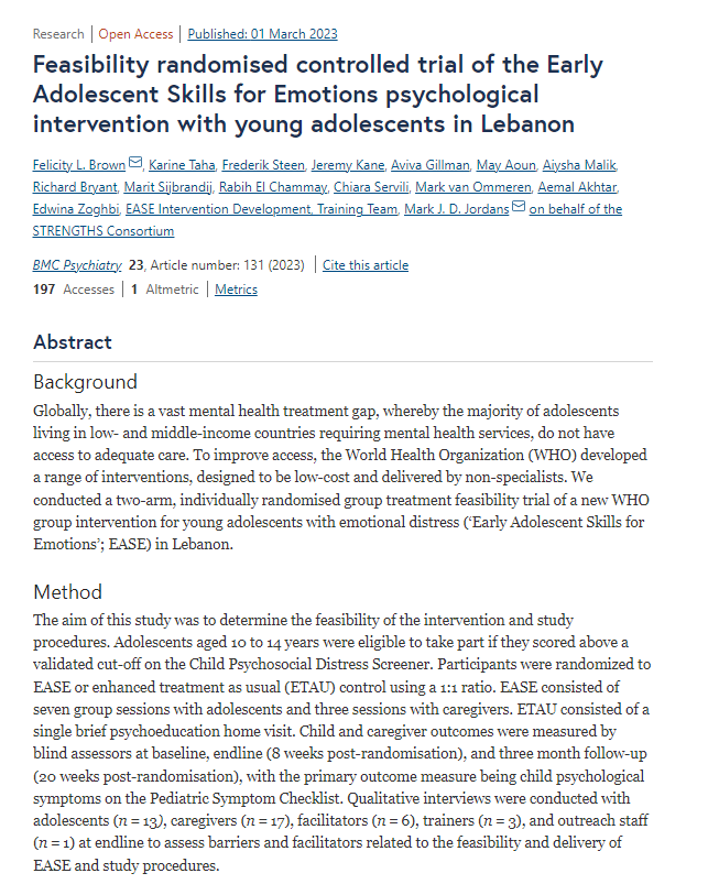 ⚡️Pilot RCT of the Early Adolescents Skills for Emotions (EASE) intervention in Lebanon - results out now! @STRENGTHS_proj 

🔓Open access: bmcpsychiatry.biomedcentral.com/articles/10.11…