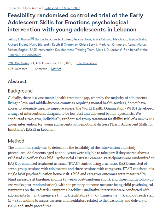 ⚡️Pilot RCT of the Early Adolescents Skills for Emotions (EASE) intervention in Lebanon - results out now! @STRENGTHS_proj 🔓Open access: bmcpsychiatry.biomedcentral.com/articles/10.11…