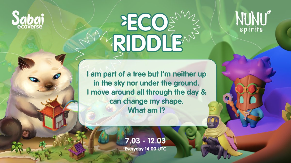 ♻️ 2nd Eco Riddle is here ♻️

🏆 Participate &amp; win some great prizes!

1️⃣ #NunuSpirits riddle = 1 WL ticket for a free Seedling 🌱
👉 Leave the answer in the comments

2️⃣ <a href="/sabaiecoverse/">Sabai Protocol</a> riddle = 1000 Sabai tokens 💰
👉 Post your answer here: x.com/sabaiecoverse/…