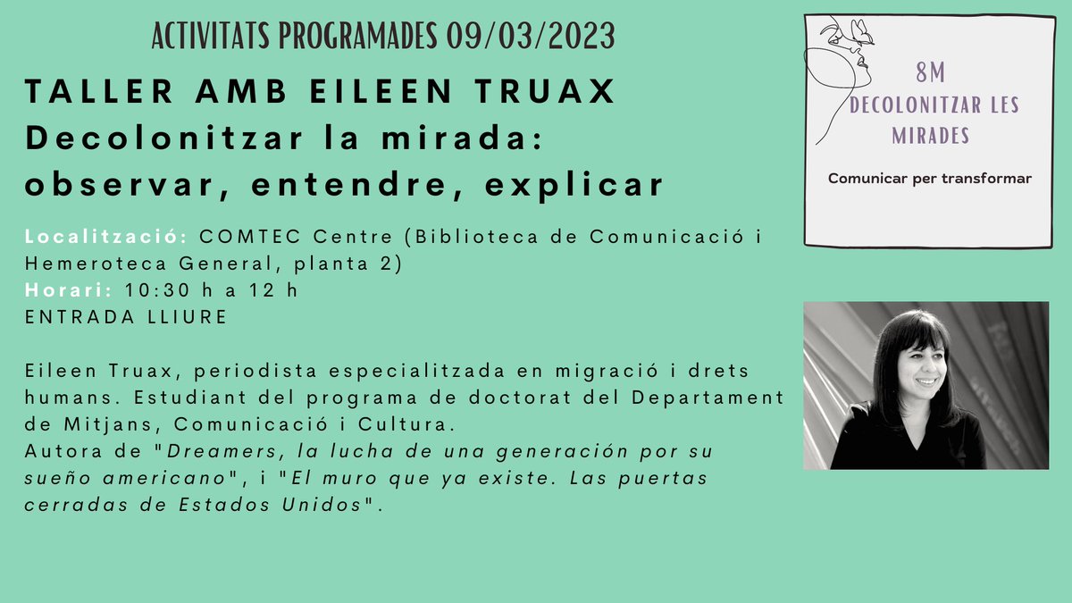 bchgUAB's tweet photo. I també dijous 9 acollirem un taller amb la periodista @EileenTruax: 'Decolonitzar la mirada: observar, entendre, explicar'
🕑10.30-12 h
📍#ComTecUAB Centre (planta 2)
ENTRADA LLIURE! https://t.co/QBDAAzHuJF