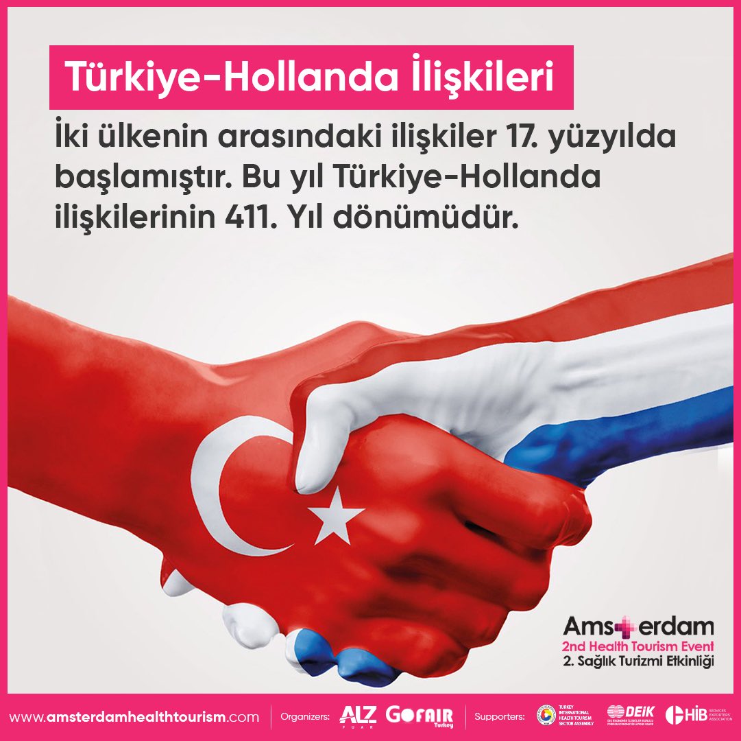 Türkiye ve Hollanda arasındaki yüz yıllar süren güçlü bağ ve işbirliğinin güçlendirilmesi ve sürdürülmesi adına adımlar atmaktayız.

Sağlık turizminde de bu iş birliğinin ve ticaretin daha da geliştirilmesi için 2. Amsterdam Sağlık Turizimi Etkinliğine katılın.